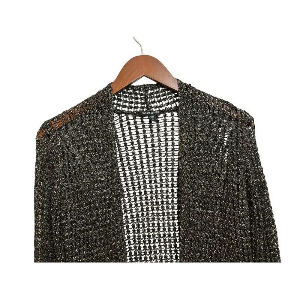 Eileen Fisher Open Knit Metallic Cardigan Sweater Duster Lightweight Long Sleeve